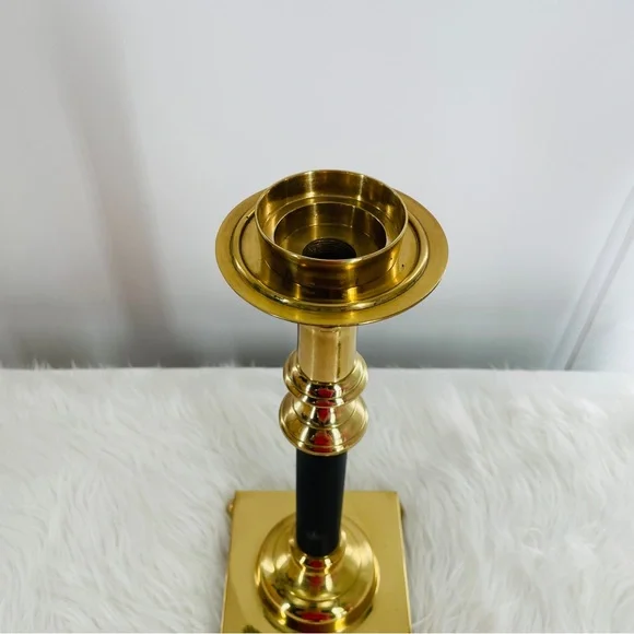 Elegant Large Lacquered Brass & Black Metal Candle Holder